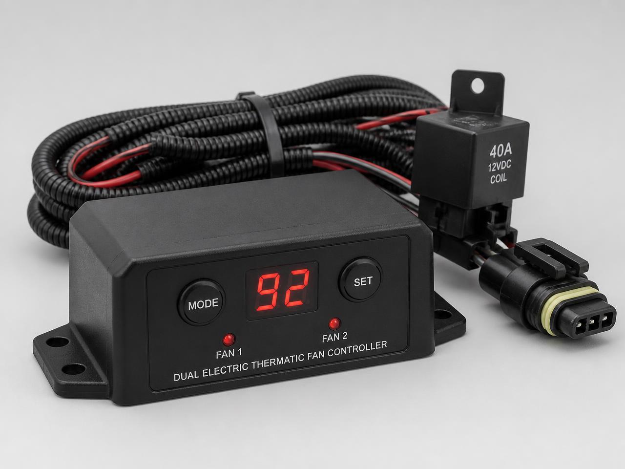 Digital dual electric thermatic fan controller with LED temperature display, relay and wiring harness