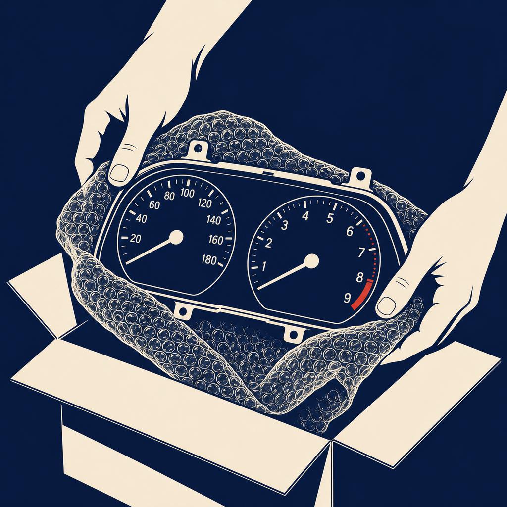 Hand-drawn illustration showing how to bubble-wrap a gauge cluster