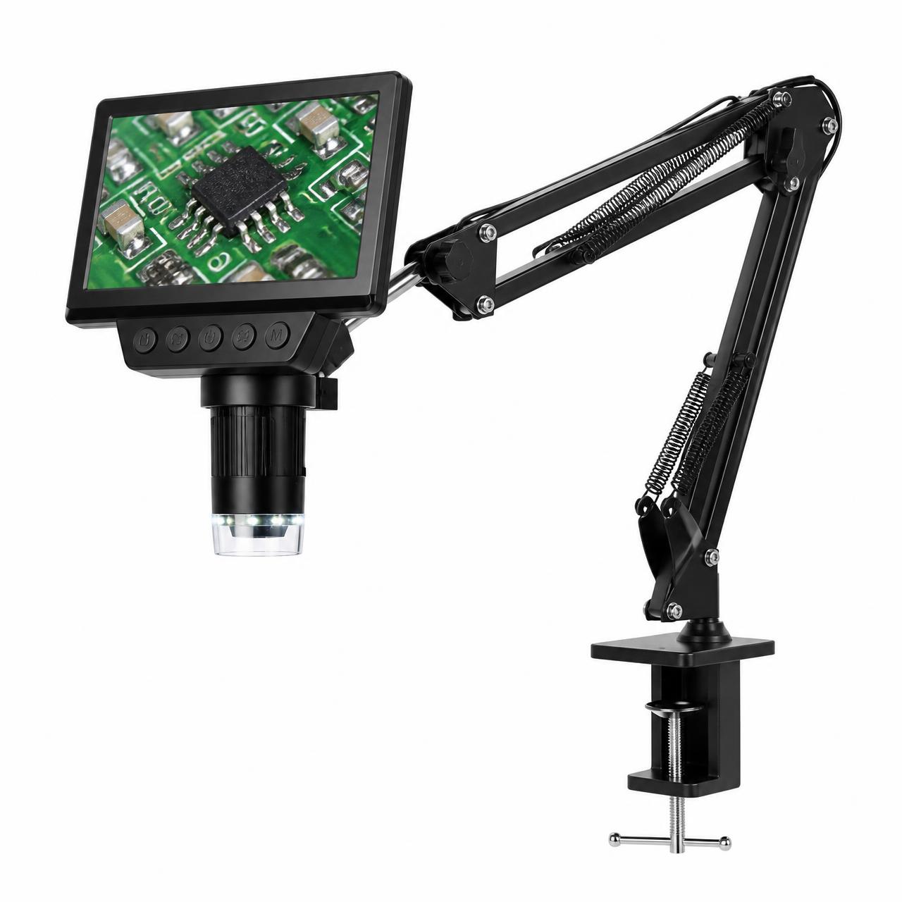 Digital soldering microscope with 5 inch IPS screen on a black articulated boom arm and desk clamp