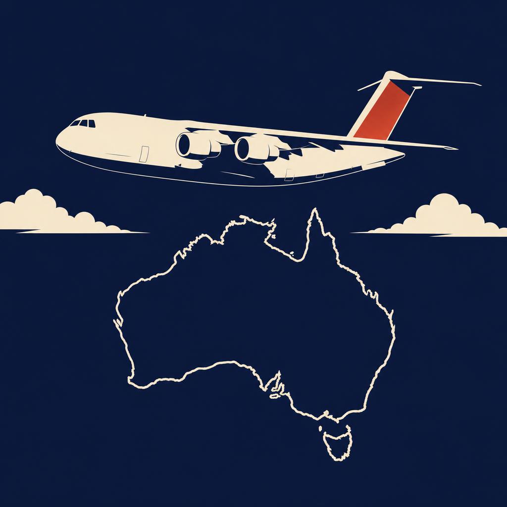 Illustration of a cargo plane flying over Australia carrying the packed cluster