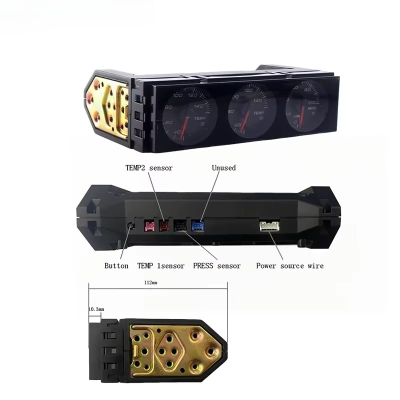 Tachofi triple gauge cluster — front face, rear connector layout (TEMP1, TEMP2, PRESS, Power) and 112mm DIN footprint