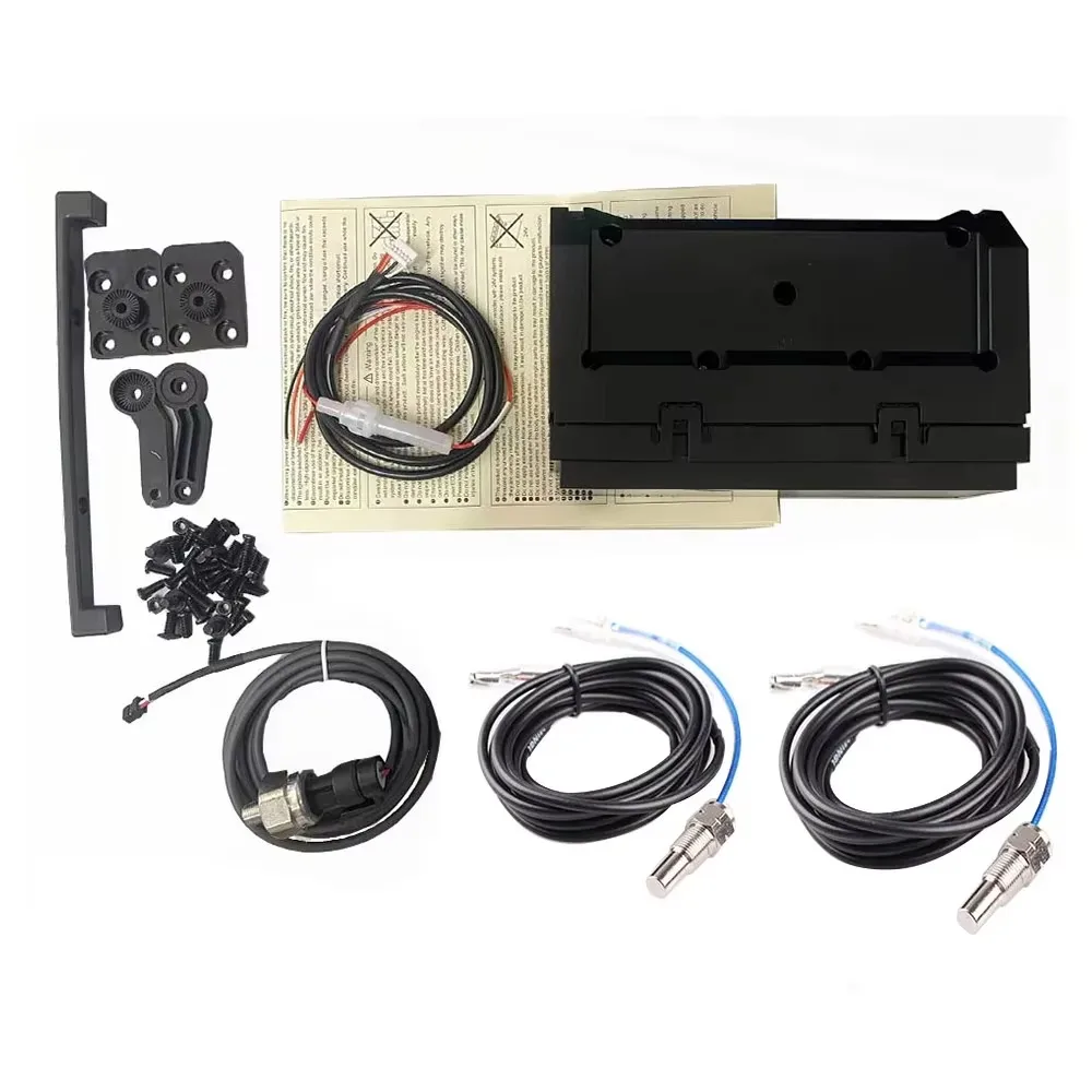 Full contents of the Tachofi triple gauge pod — pod housing, instructions, brackets, fasteners and three sender harnesses
