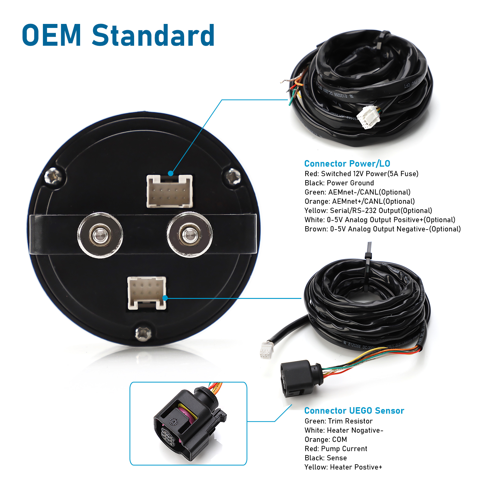 Tachofi wideband gauge rear — AFR / Lambda switch, power / IO and UEGO sensor connectors