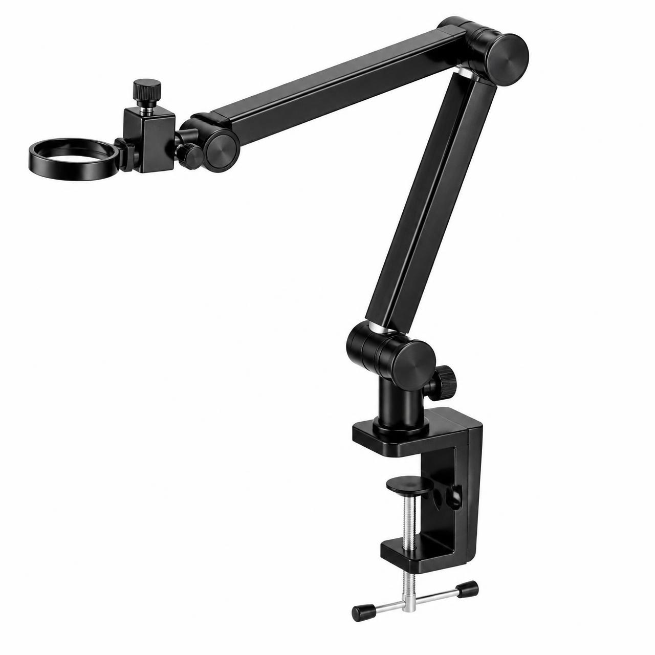 Articulated metal boom arm and heavy desk clamp for the bench microscope