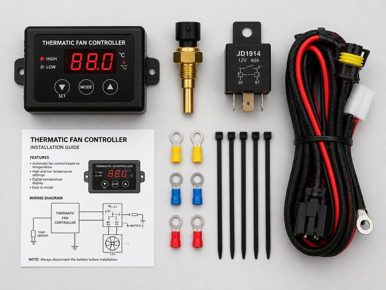 Full thermatic fan controller kit — controller, brass sensor, relay, loom, terminals, cable ties and instructions