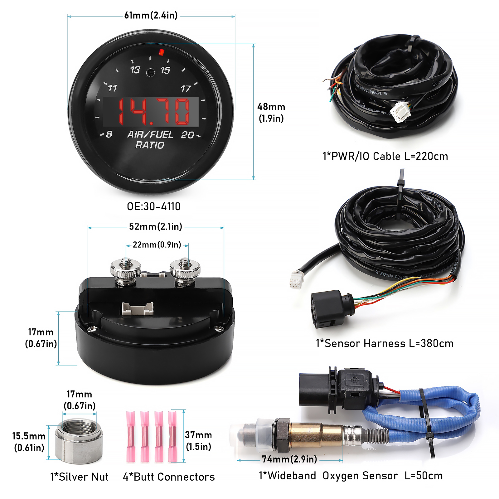 Tachofi wideband AFR gauge kit — gauge head, controller, sensor harness, weld-in bung and butt connectors