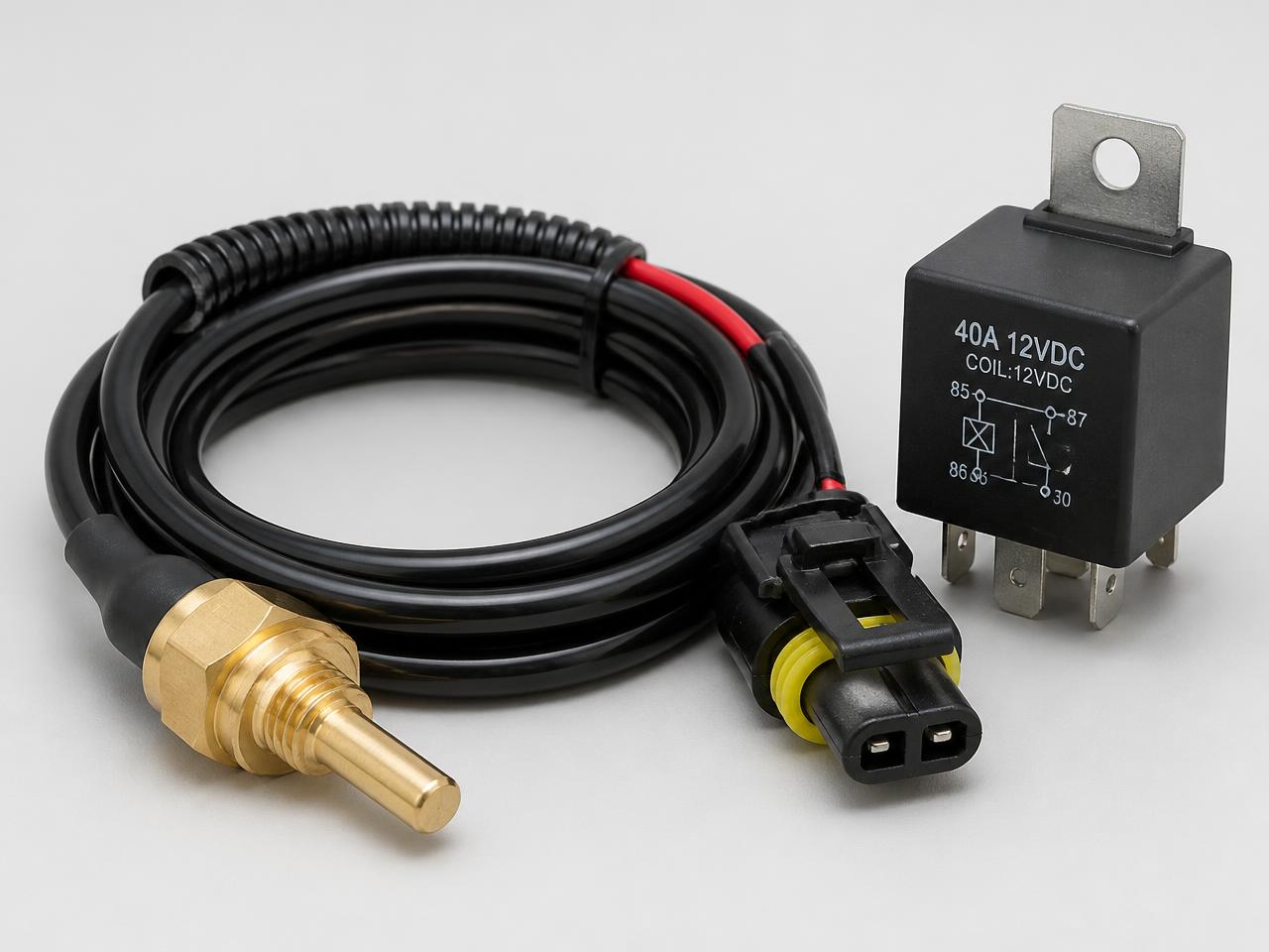 Brass radiator temperature sensor with loom, waterproof connector and 40A relay