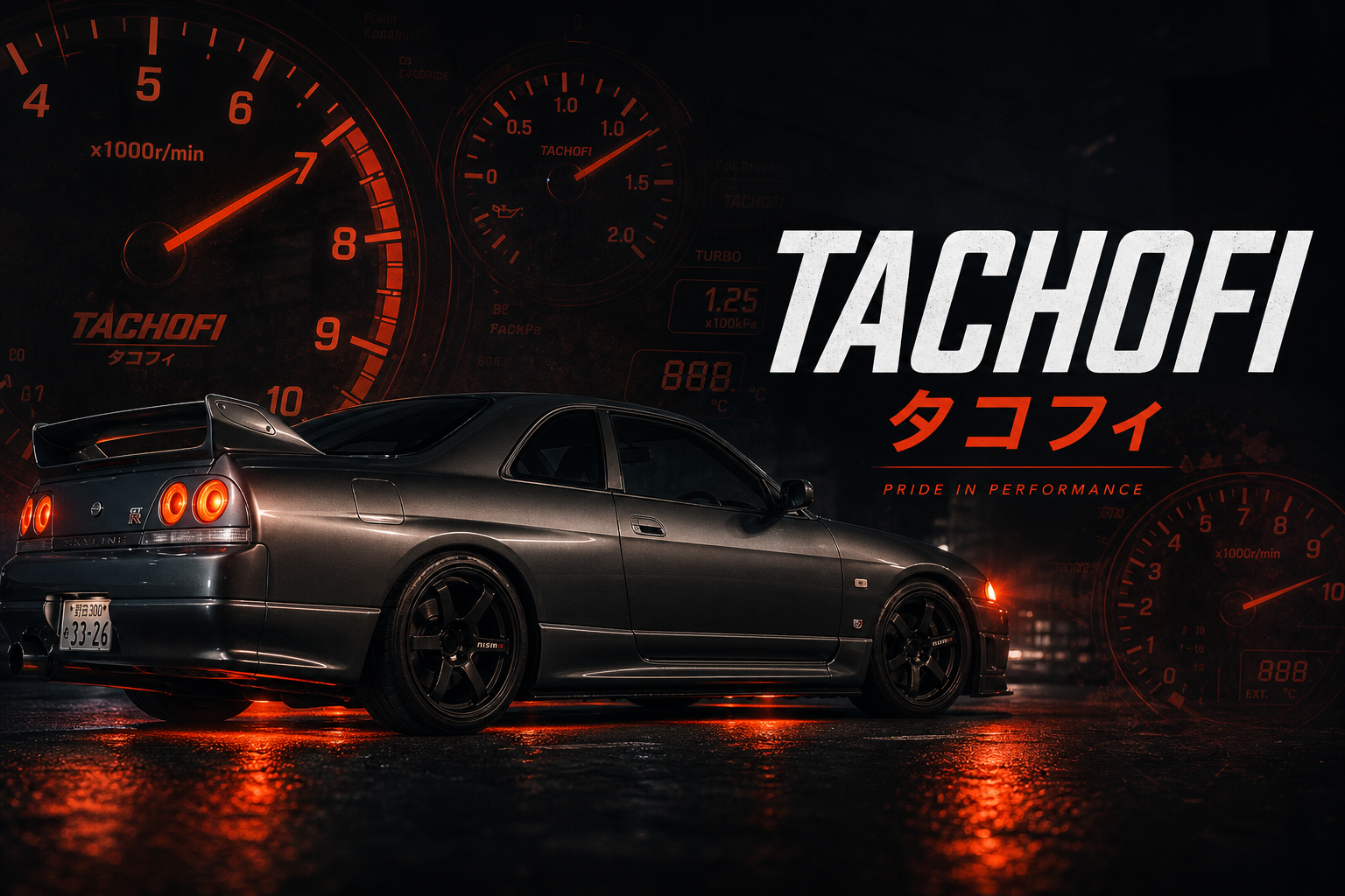Tachofi — Pride in Performance. R33 Skyline GT-R with backlit tachometer and cluster gauges.