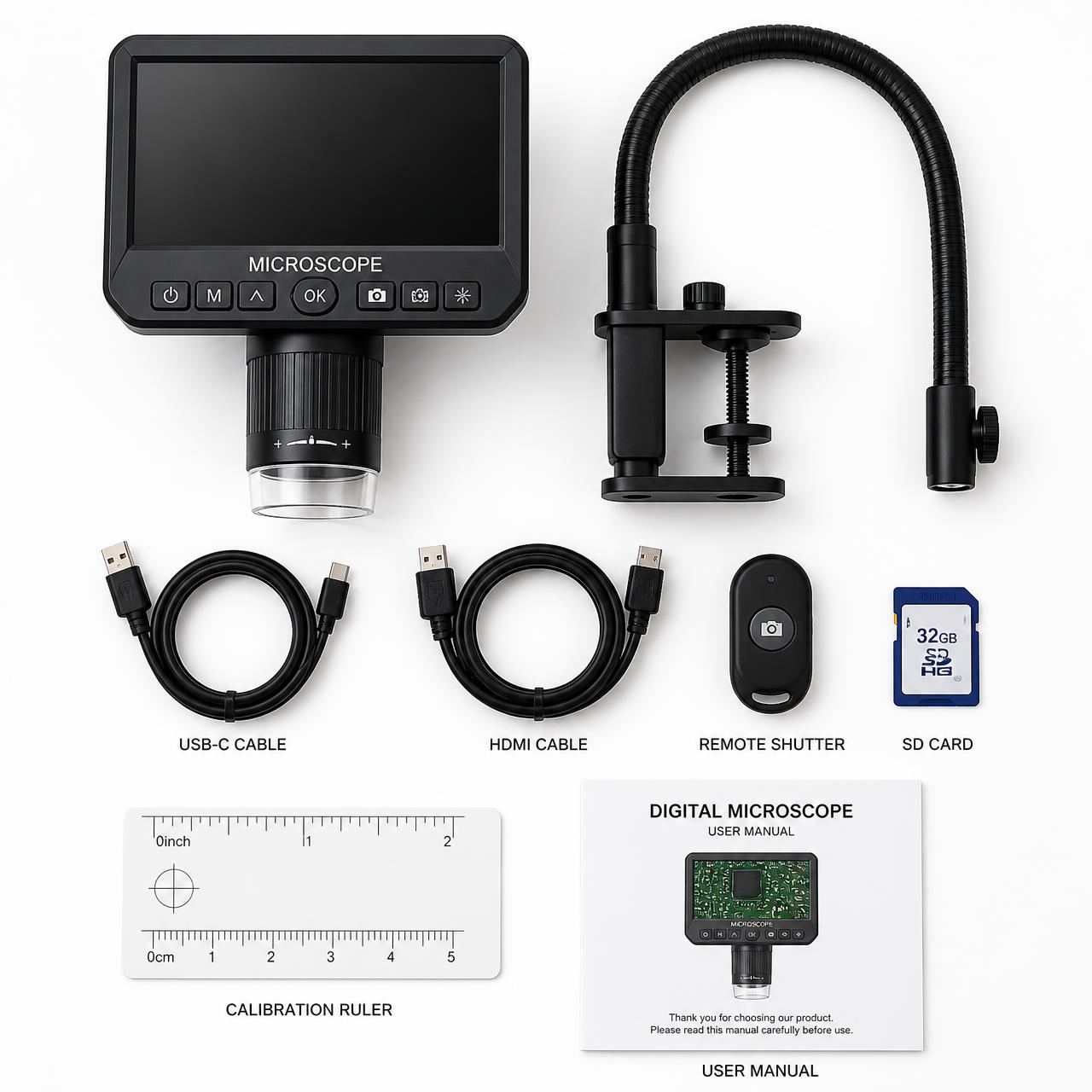 Bench microscope kit contents — microscope head, boom arm and clamp, USB-C cable, remote shutter and manual