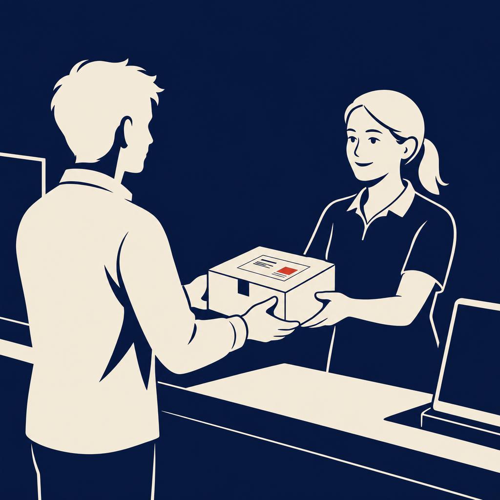 Illustration of handing the packed cluster to an Australia Post counter clerk